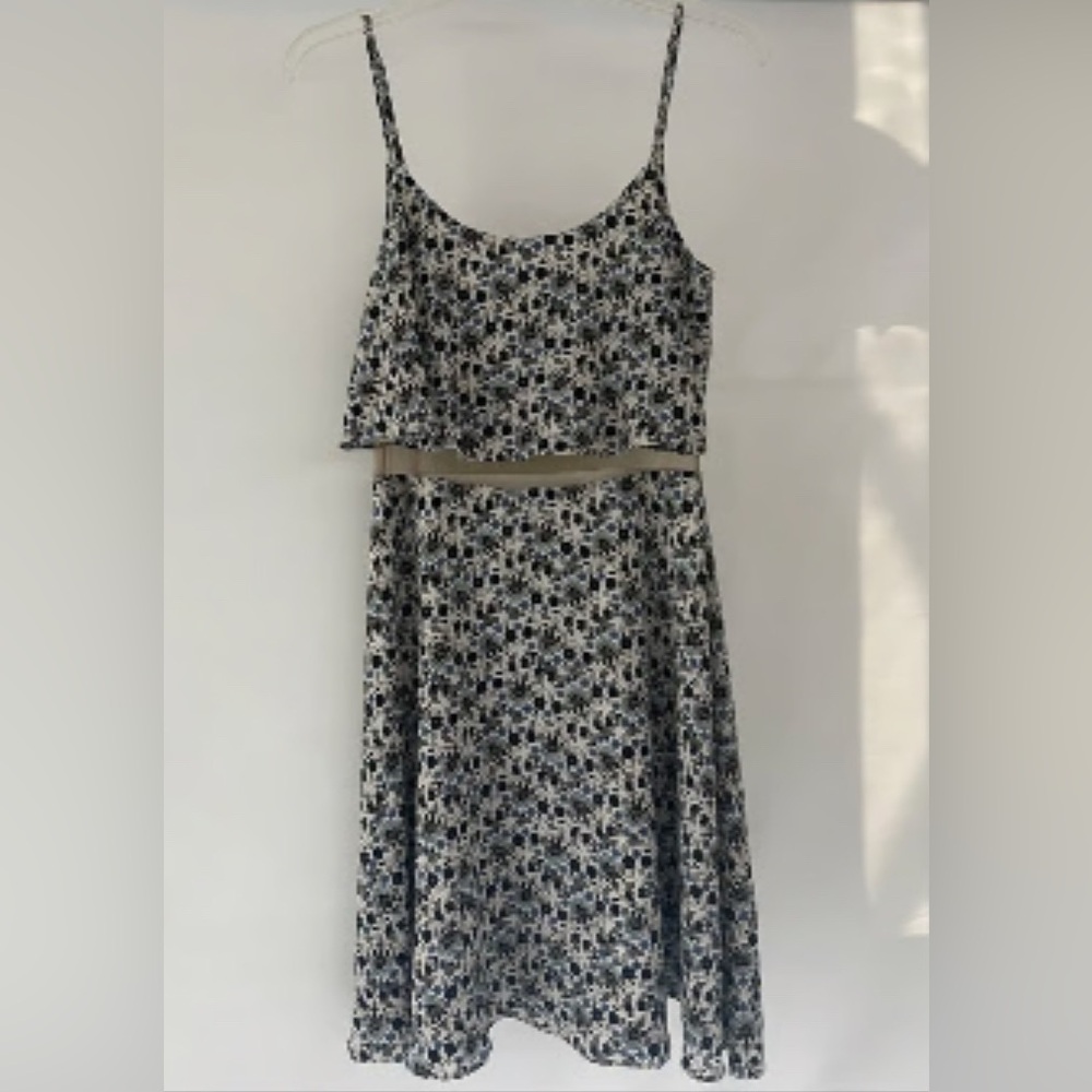 Bailey 44 Blue White Floral Nude Mesh Cut Out Illusion Sleeveless Dress